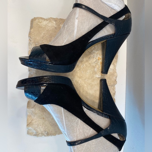 Franco Sarto Sulu Black Sueded Leather Snake Print Peep Toe Platform Pumps Sz 10 - Picture 3 of 13